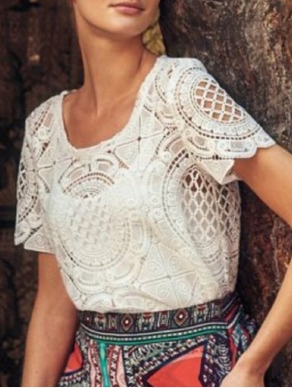Anthropologie White Lace Short-Sleeve Top Blouse Xs